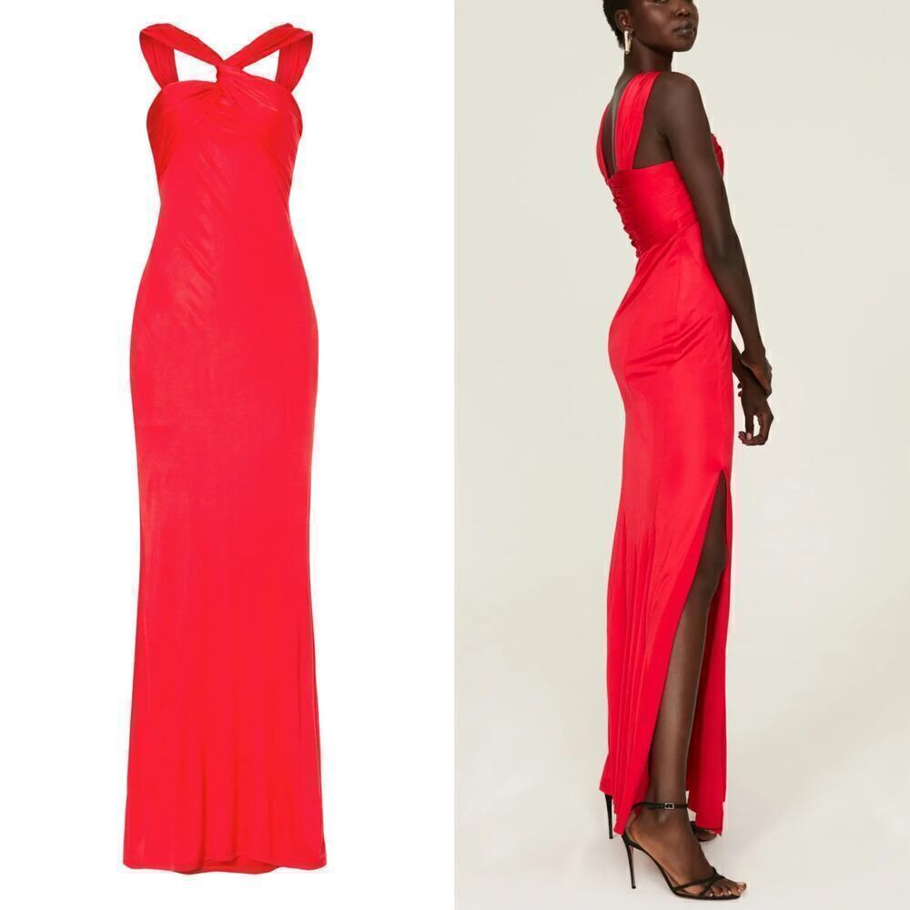 Donna Karan Twist Halter Dress Satin Sleeveless Maxi Gown Red 8
